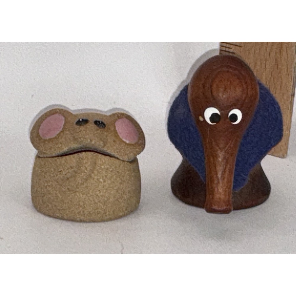 Wood Elephant Figure 2" And Sandstone? Elephant Trinket Box 1.5"